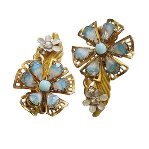 Original by Robert Clip On Earrings Blue Flower Rhinestone Gold Filigree VTG 50s